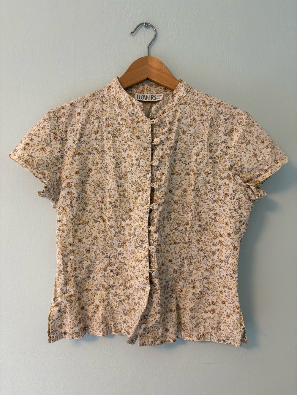 Vintage FLOWERS Mandarin Collar Floral Button Blouse Small